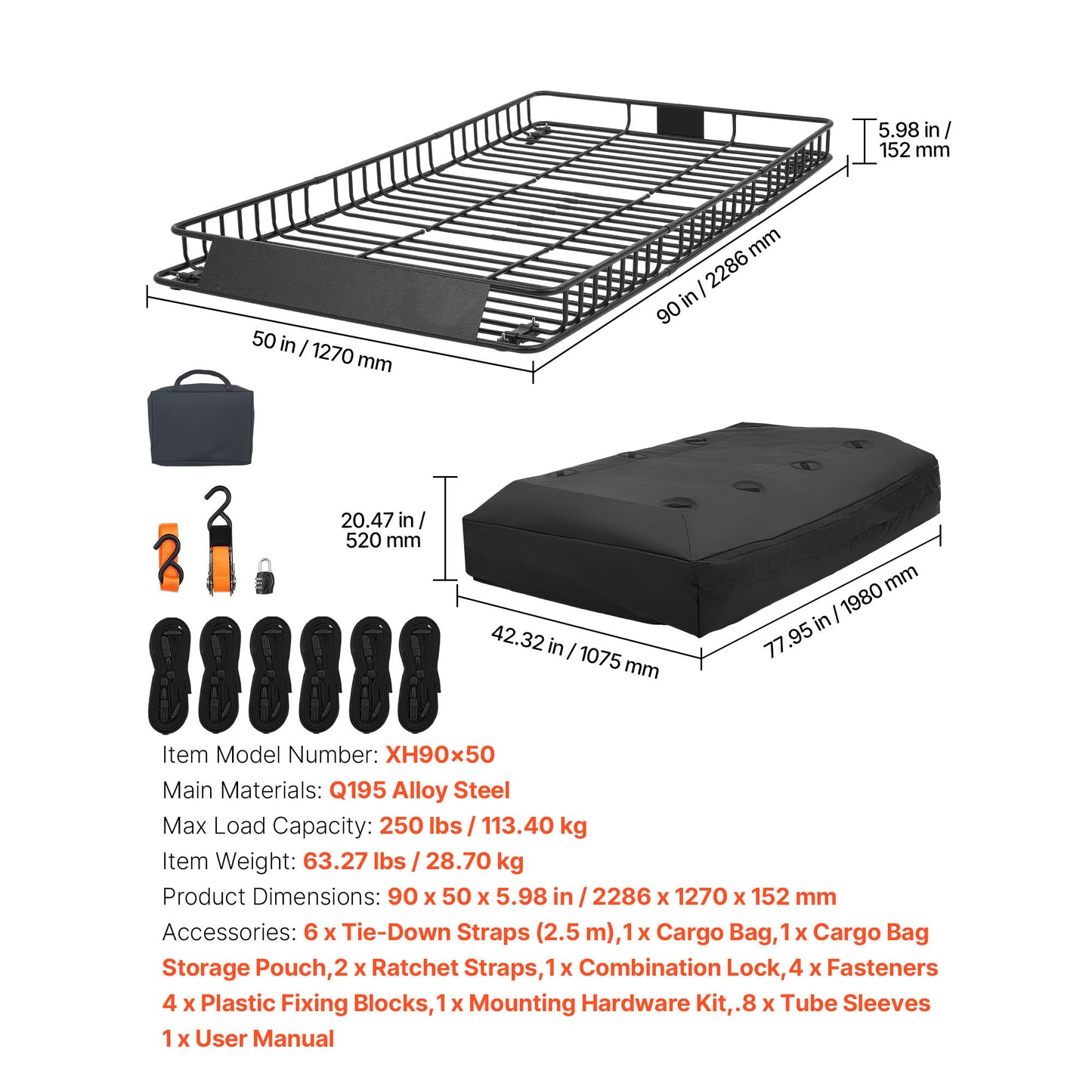 Roof Rack Cargo Basket, 90 x 50 x 6 in, Heavy Duty Roof Top Carrier Basket with Waterproof Rooftop Bag, Ratchet Straps, 250 lbs Capacity, All-Weather Car Top Luggage Holder, for SUV Truck Car image 4