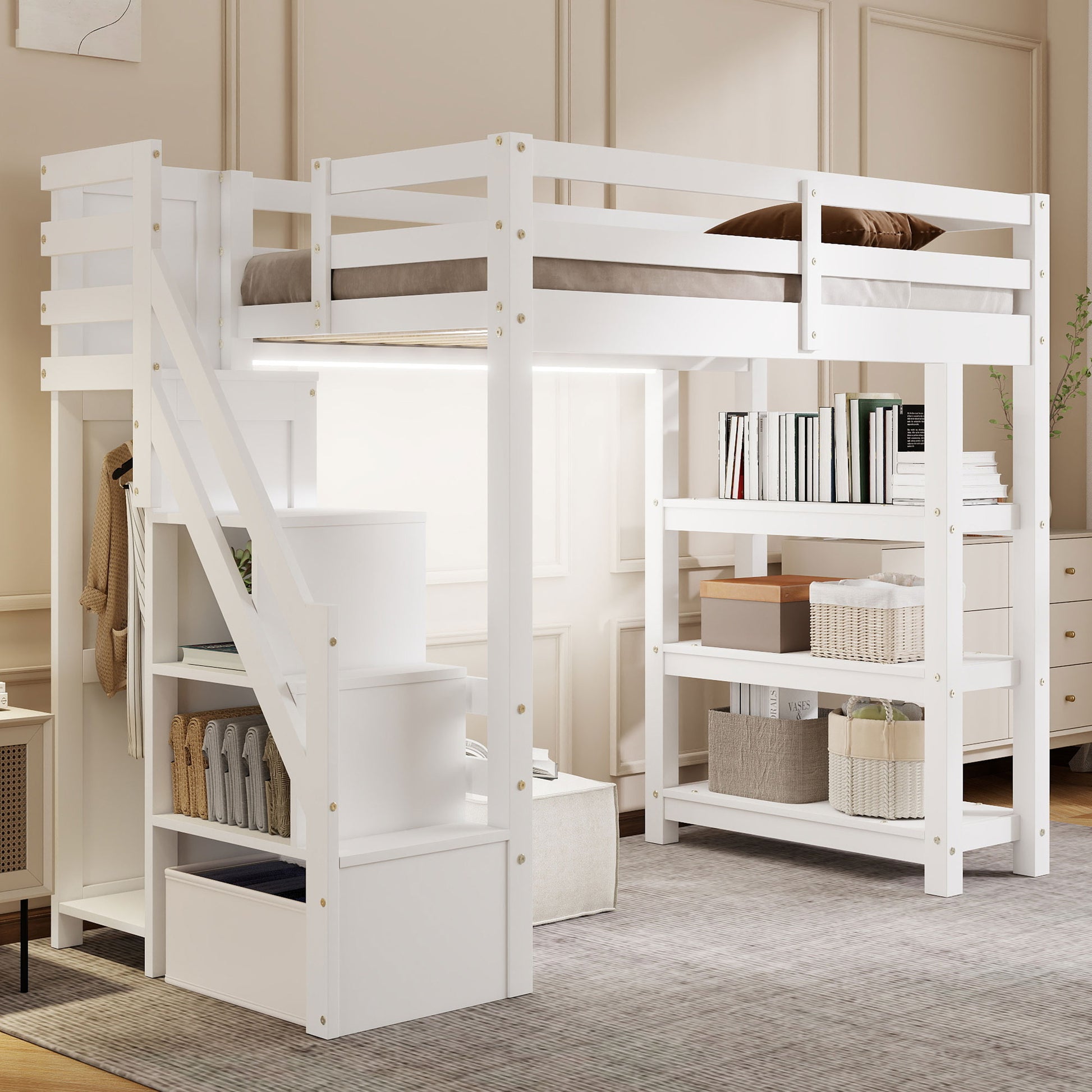 Twin Size Loft Bed with Shelves, Storage Staircase, Small Wardrobe and White LED Light, White image 2