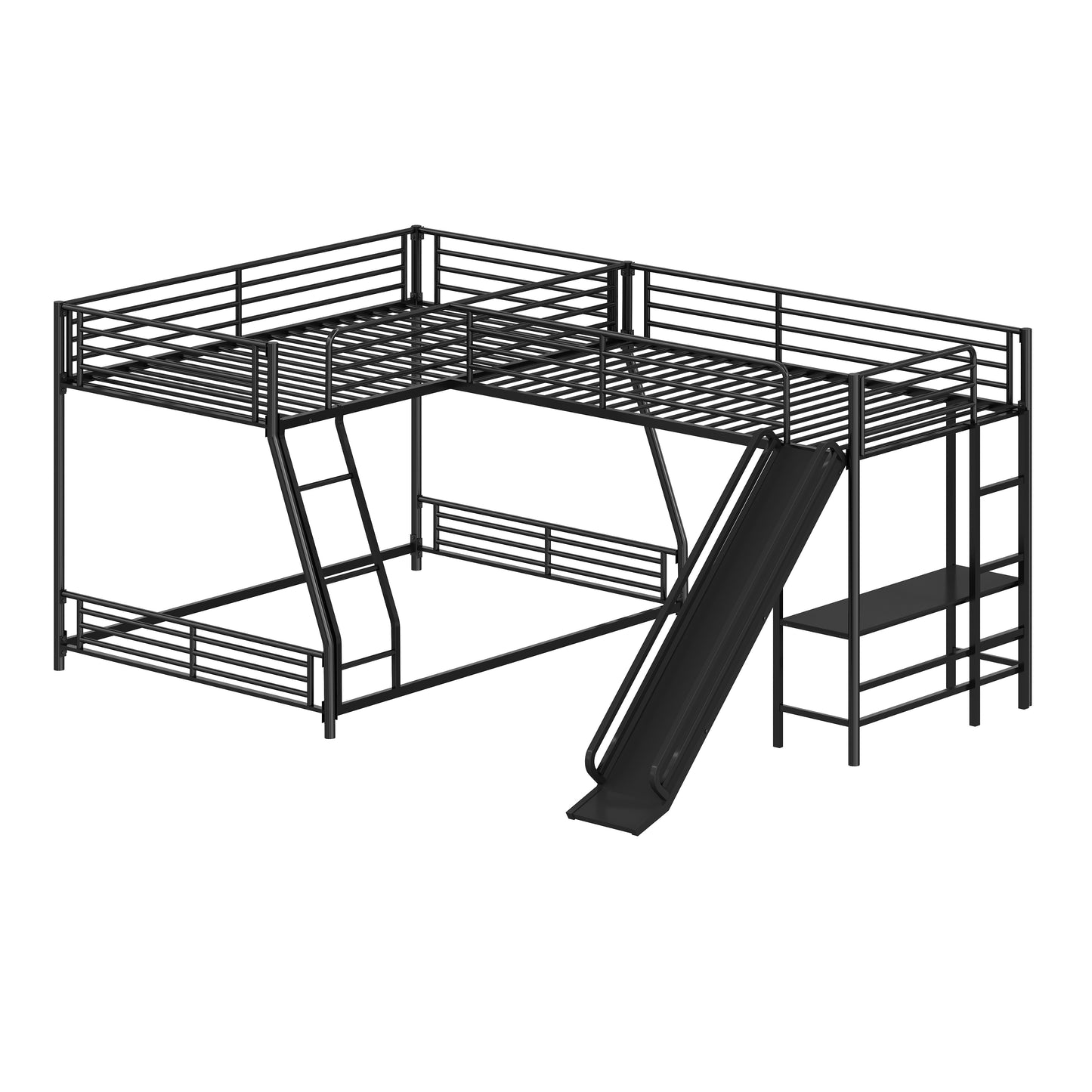 L-Shaped Twin over Full Bunk Bed with Twin Size Loft Bed,Built-in Desk and Slide,Black image 8