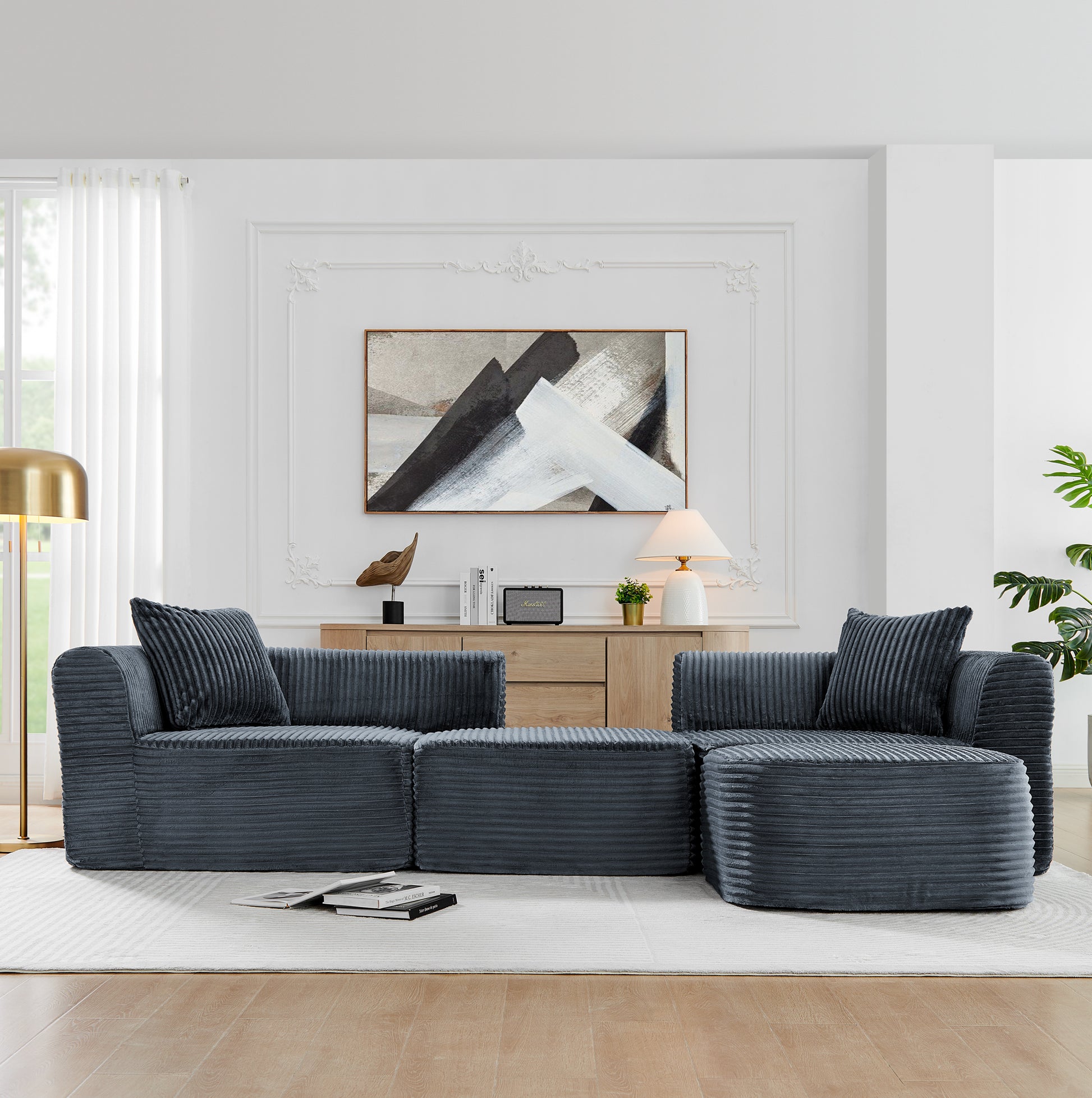 114" Cloud Sectional Couch with L-Shape Chaise, Modular Sofa with Movable Ottoman, Upholstered Couches for Living Room Bedroom, No Assembly Required, Grey image 3