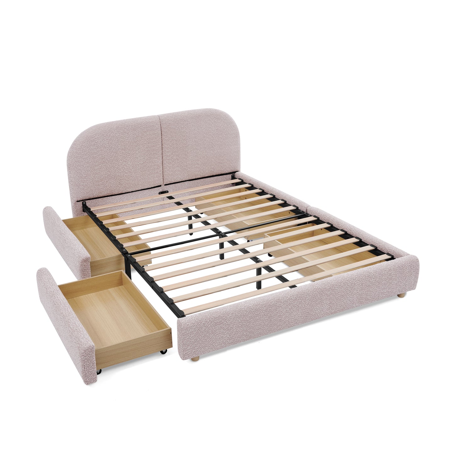 Queen Size Upholstered Bed Frame Modern Minimalist Style - Circle Yarn Fabric, Tall Curved Headboard, Sturdy Leg Support & Wheeled Drawer Storage, Mattress Not Included -Pink image 9
