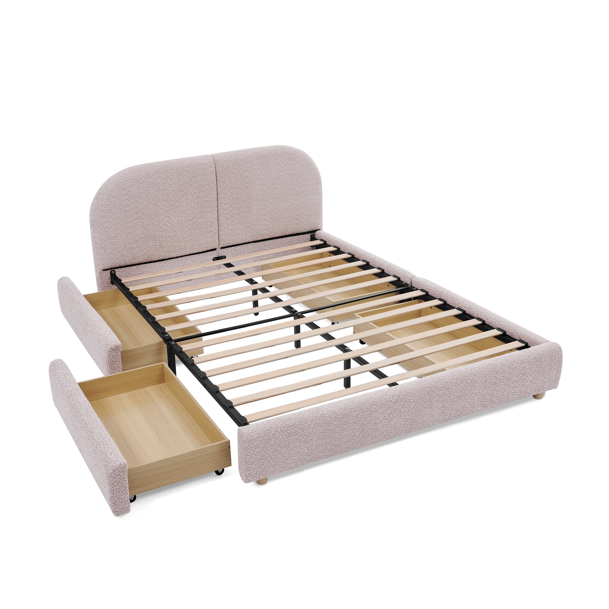 Queen Size Upholstered Bed Frame Modern Minimalist Style - Circle Yarn Fabric, Tall Curved Headboard, Sturdy Leg Support & Wheeled Drawer Storage, Mattress Not Included -Pink image 9