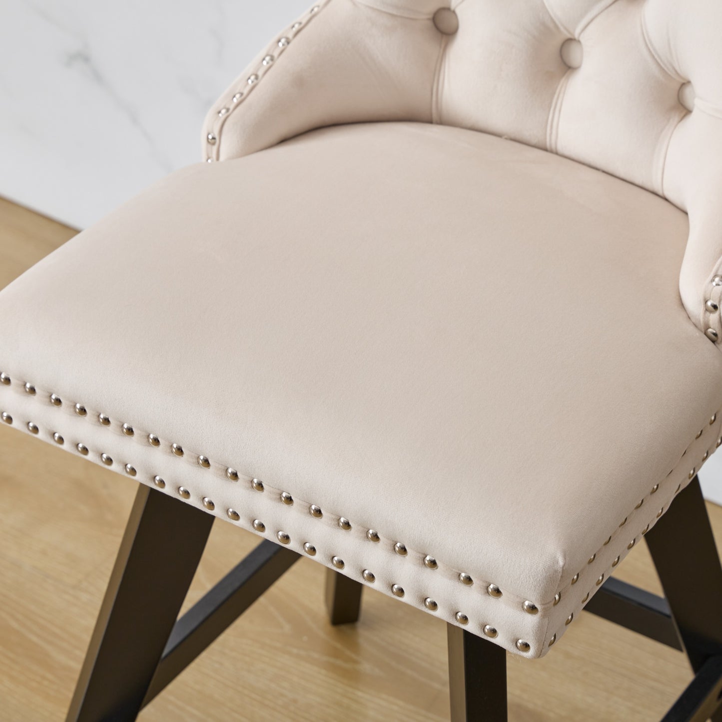 Swivel Velvet Barstools with Button Tufted Decoration and Wooden Legs, and Chrome Nailhead Trim, Leisure Style Bar Chairs,Bar stools, Set of 2 (Beige),SW1860BG image 11
