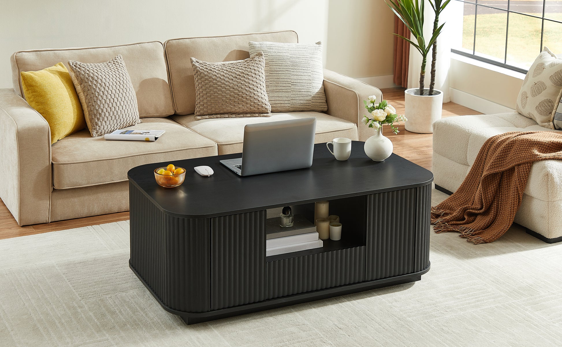 46.5"modern luxury oval coffee table with drawers and storage compartments, curved contour design, living room center coffee table, suitable for living rooms and offices, Black, 46.5"L*27.2"W*17.7"H image 4