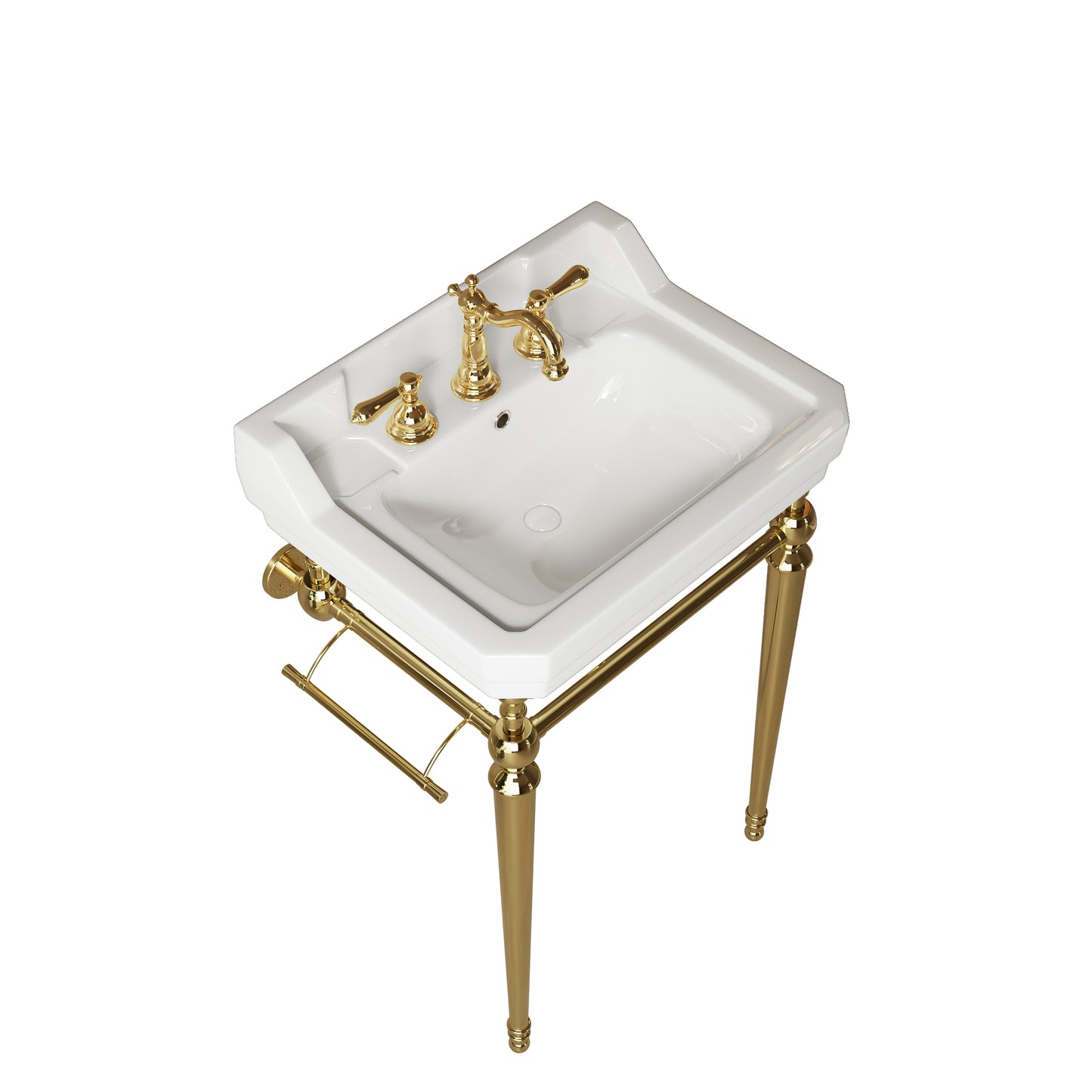 VICI 23" Bathroom Console Sink, Wall-Mounted White Ceramic Vanity Basin with 3 Pre-drilled Faucet Holes, Freestanding Stainless Steel Support Legs with Towel Bar, No Faucet & Sink Cover, Gold Color image 4