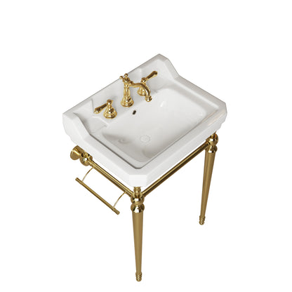 VICI 23" Bathroom Console Sink, Wall-Mounted White Ceramic Vanity Basin with 3 Pre-drilled Faucet Holes, Freestanding Stainless Steel Support Legs with Towel Bar, No Faucet & Sink Cover, Gold Color image 4