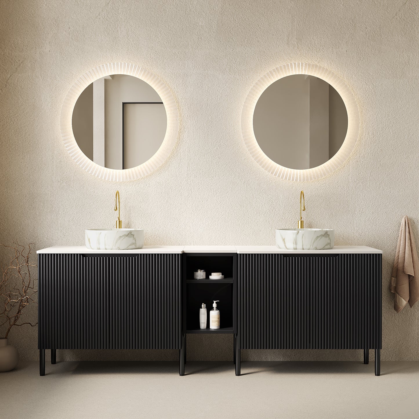 TURIO 72" Freestanding Double Bathroom Vanity with Sinks, 2x30" Striped Storage Cabinets + 12" Removable Open Shelf, 2 White Round Stone Pattern Vessel Basins with Carrara White Countertop, Black image 1