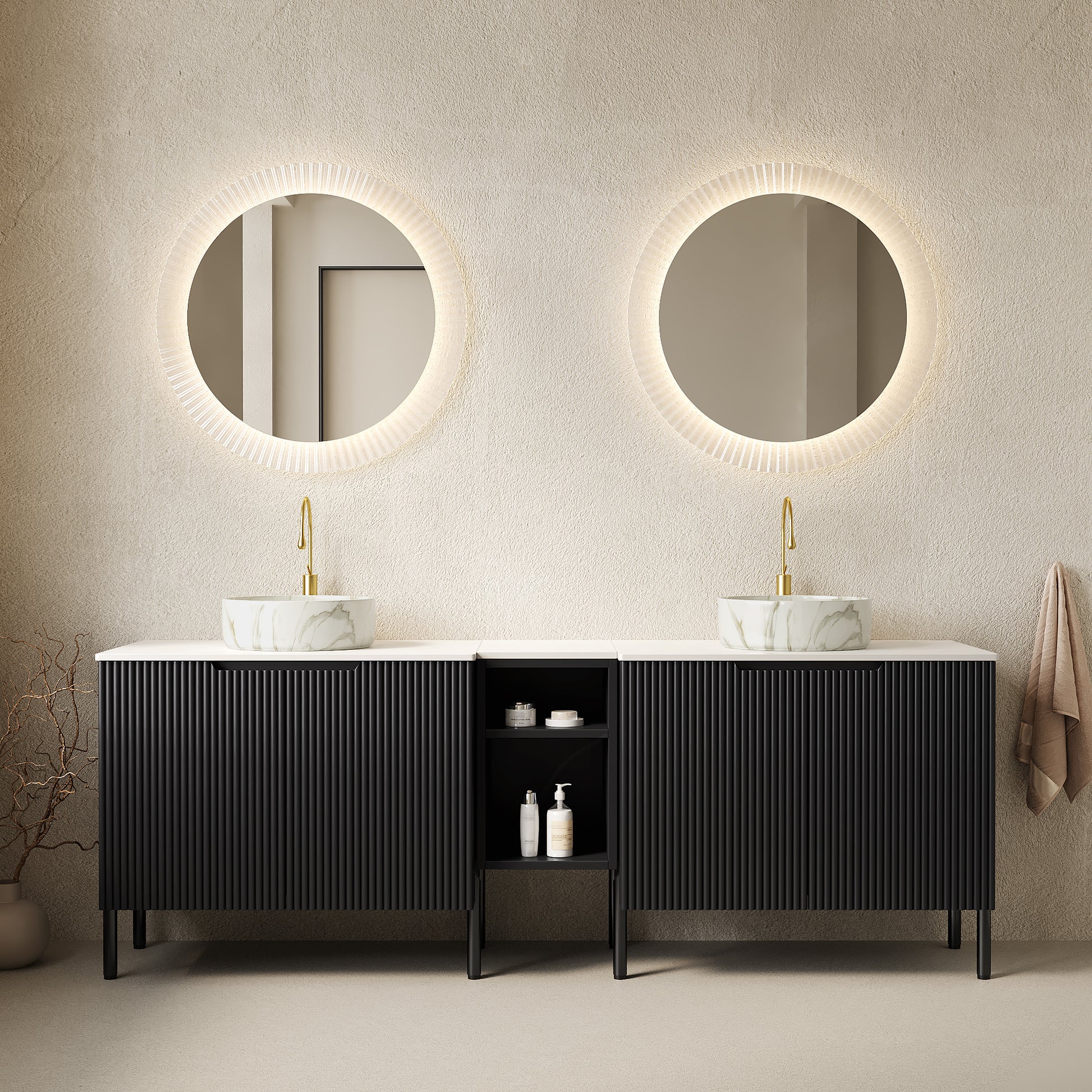 TURIO 72" Freestanding Double Bathroom Vanity with Sinks, 2x30" Striped Storage Cabinets + 12" Removable Open Shelf, 2 White Round Stone Pattern Vessel Basins with Carrara White Countertop, Black image 1