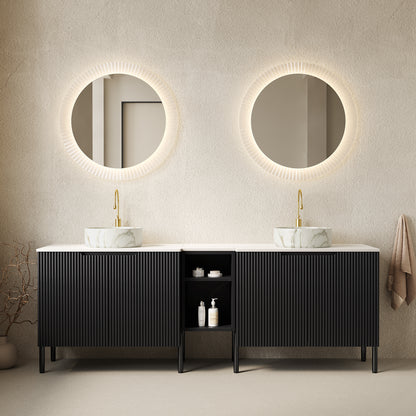 TURIO 72" Freestanding Double Bathroom Vanity with Sinks, 2x30" Striped Storage Cabinets + 12" Removable Open Shelf, 2 White Round Stone Pattern Vessel Basins with Carrara White Countertop, Black image 1