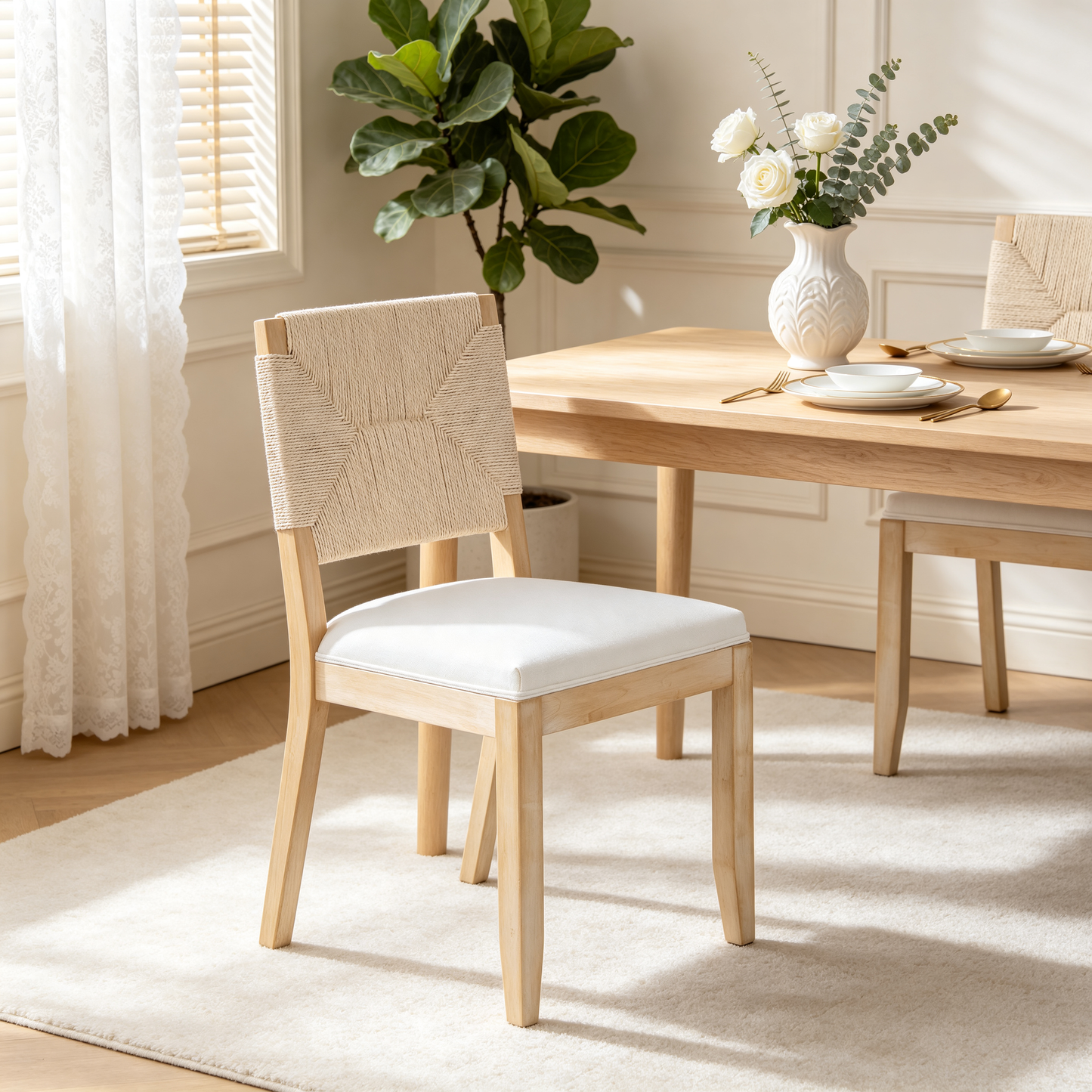 French Country Dining Chairs Set of 2, Beige Farmhouse Kitchen & Dining Room Chairs, Boho Wood Dining Chair with Woven Back & Linen Upholstered Seat, Solid Wood Frame,Beige image 9