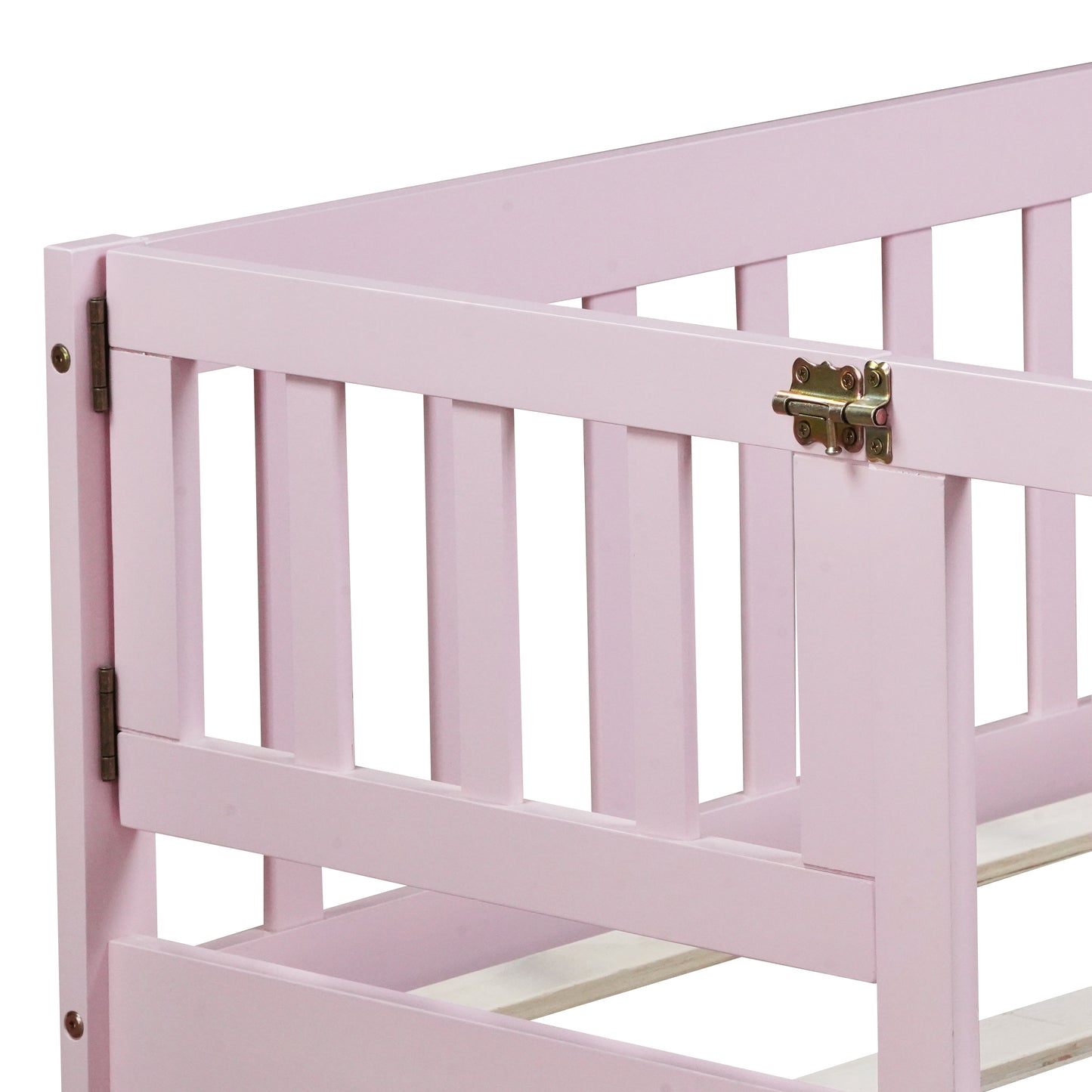 Twin Size Floor Bed with Fence and Door,Rubber Wood Floor Bed with Safety Guardrails,Pink image 7