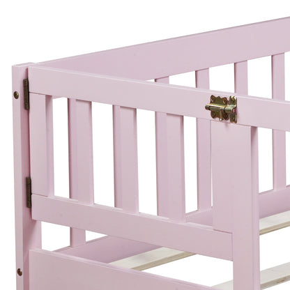 Twin Size Floor Bed with Fence and Door,Rubber Wood Floor Bed with Safety Guardrails,Pink image 7