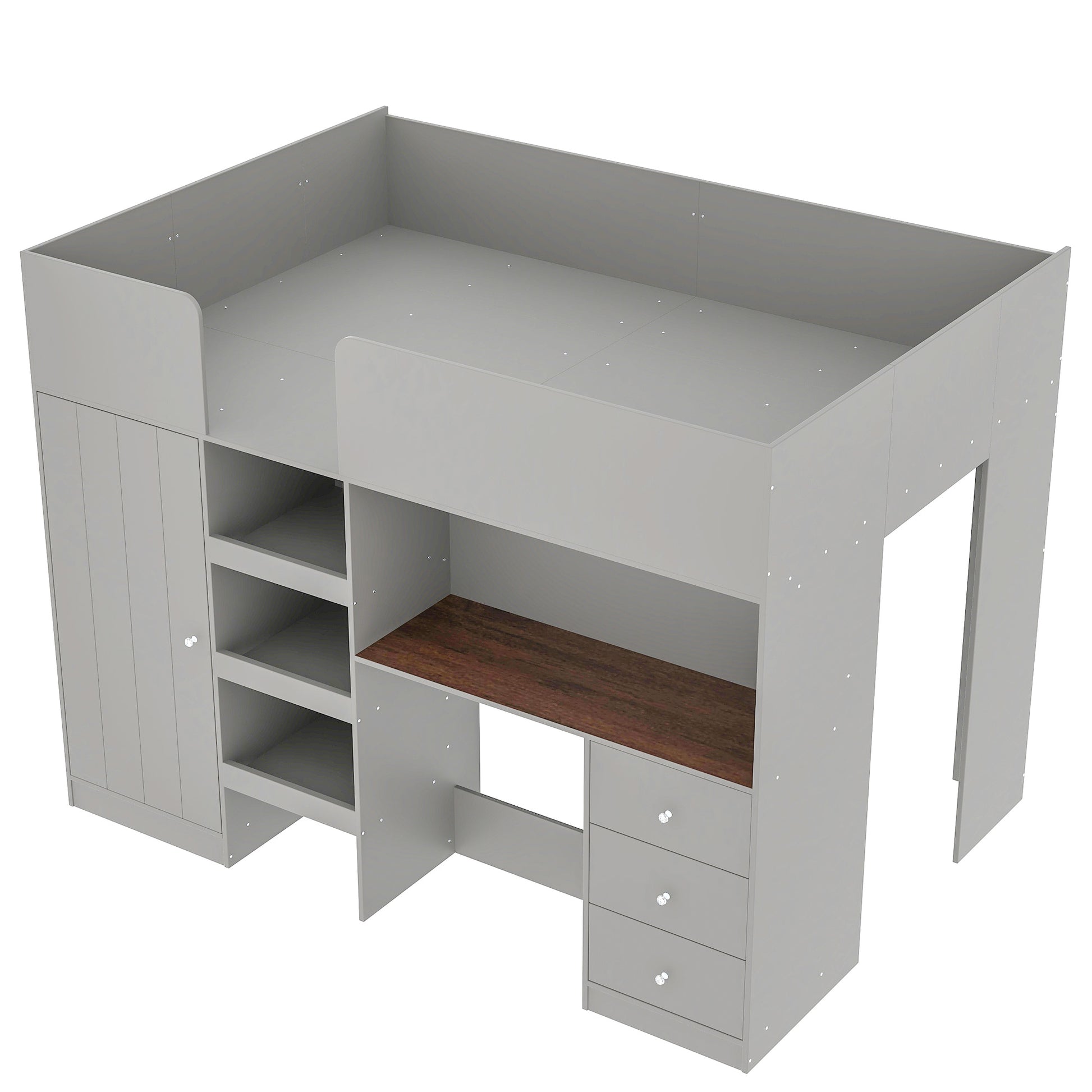 Wood Full Size Loft Bed with Built-in Wardrobe, Desk, Storage Shelves and Drawers, Grey image 10