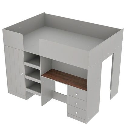 Wood Full Size Loft Bed with Built-in Wardrobe, Desk, Storage Shelves and Drawers, Grey image 10