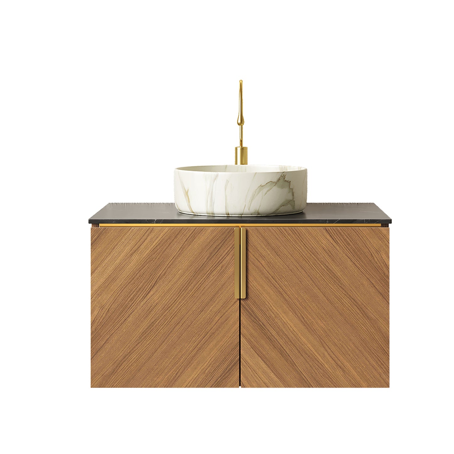 ARAI 30" Bathroom Vanity&Sink, Floating Plywood Bathroom Storage Cabinet with 2 Doors, Black Sintered Stone Countertop&White Round Ceramic Basin with Stone Pattern, Brown Oak Woodgrain Color (New SKU) image 3