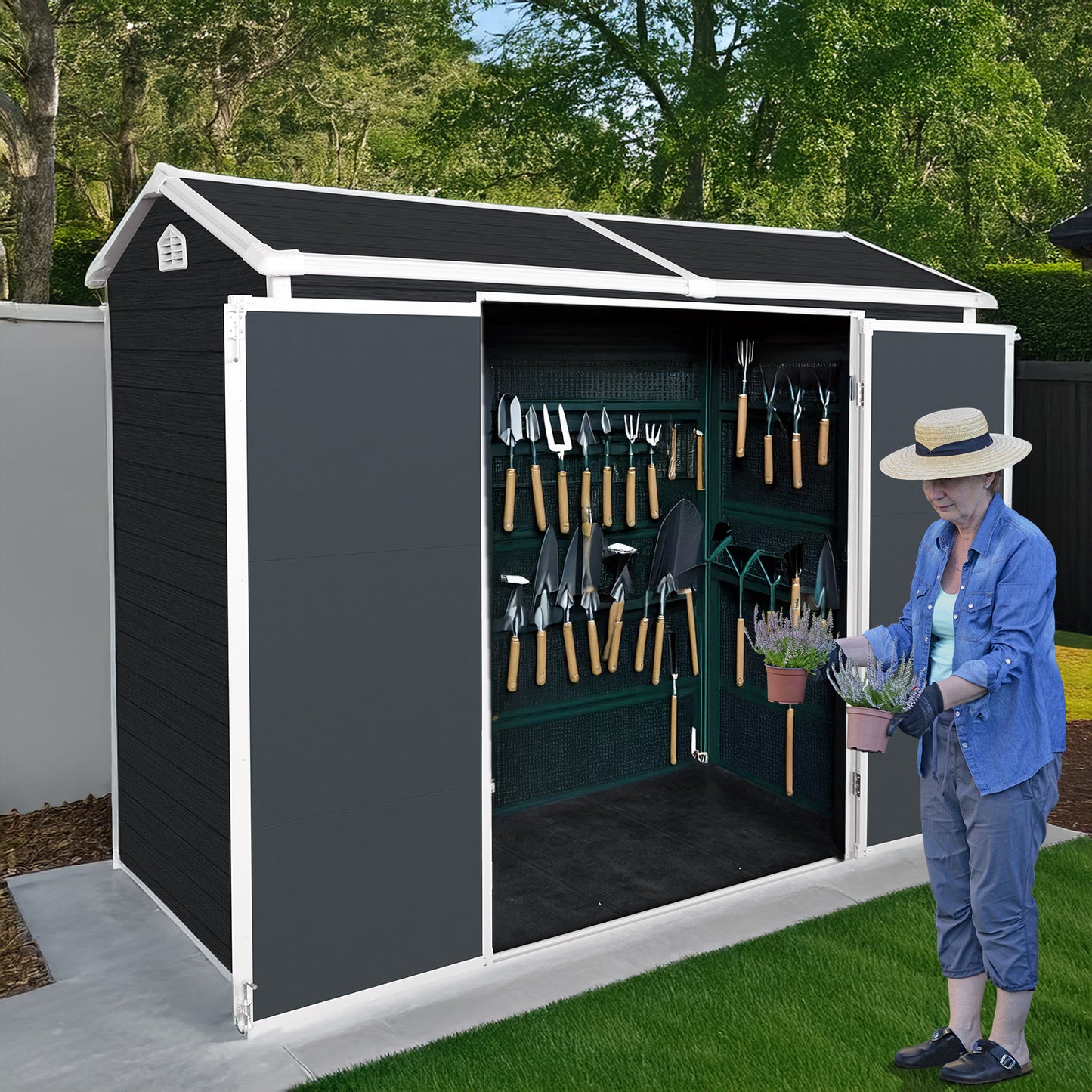 8x4ft Outdoor Resin Garden Shed with Floor and 2 Windows, Plastic Patio Outdoor Storage Shed with Lockable Door for Garden Tools, Bicycles, Trash Cans, Black image 2