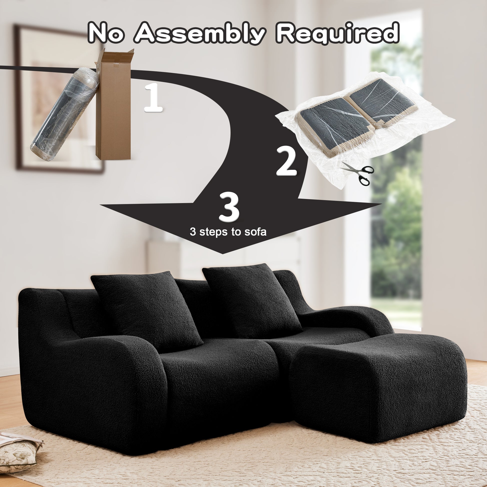 L-Shaped Teddy Fabric 2-Seat Boneless Sofa,No Assembly Required Curved Armrest,Streamlined Design Ergonomic Design,32D High Density Sponge For Living Rooms Rest Areas Bedroom,Black image 8