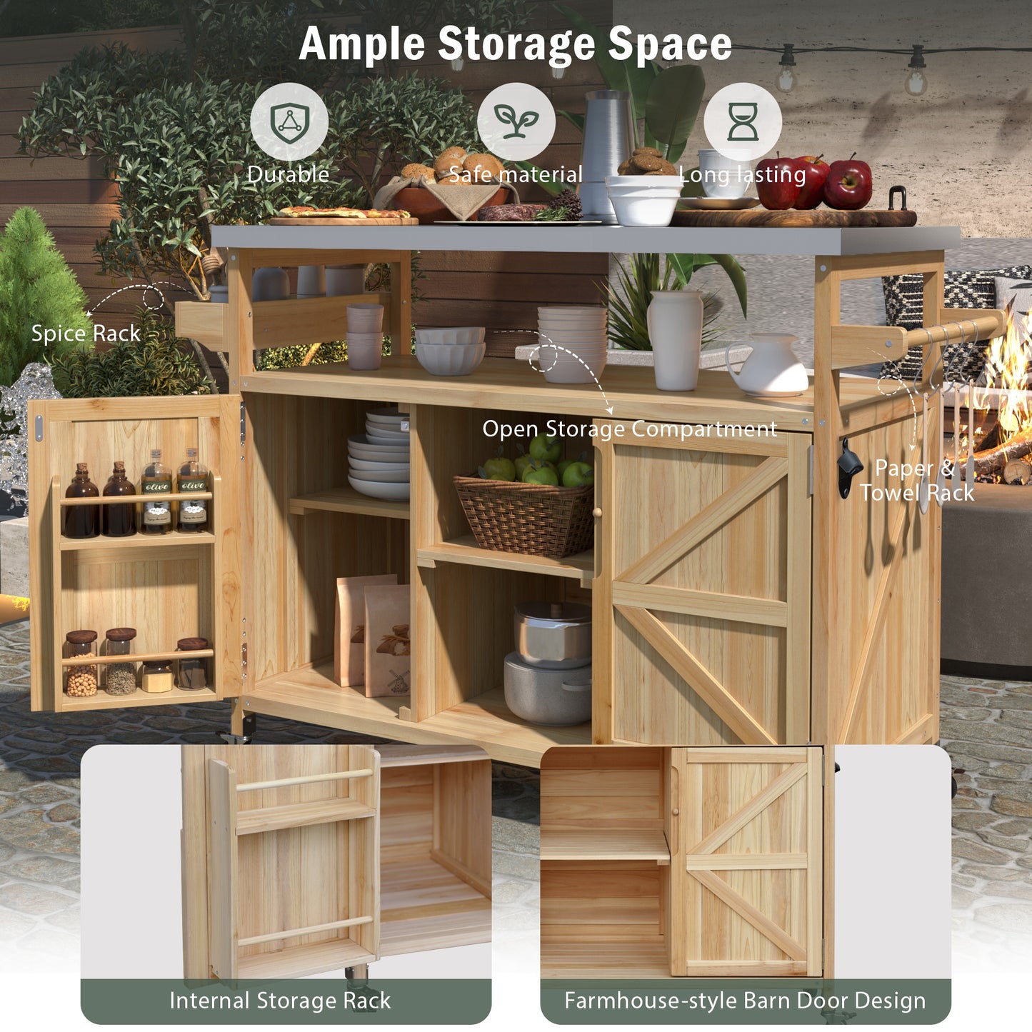 K&K Outdoor Kitchen Island, Rolling Bar Cart & Storage Cabinet, Farmhouse Solid Wood Outdoor Grill Table with Stainless Steel Top, Spice Rack, Towel Rack for Kitchen & BBQ, Natural image 4