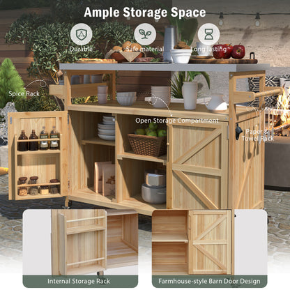 K&K Outdoor Kitchen Island, Rolling Bar Cart & Storage Cabinet, Farmhouse Solid Wood Outdoor Grill Table with Stainless Steel Top, Spice Rack, Towel Rack for Kitchen & BBQ, Natural image 4