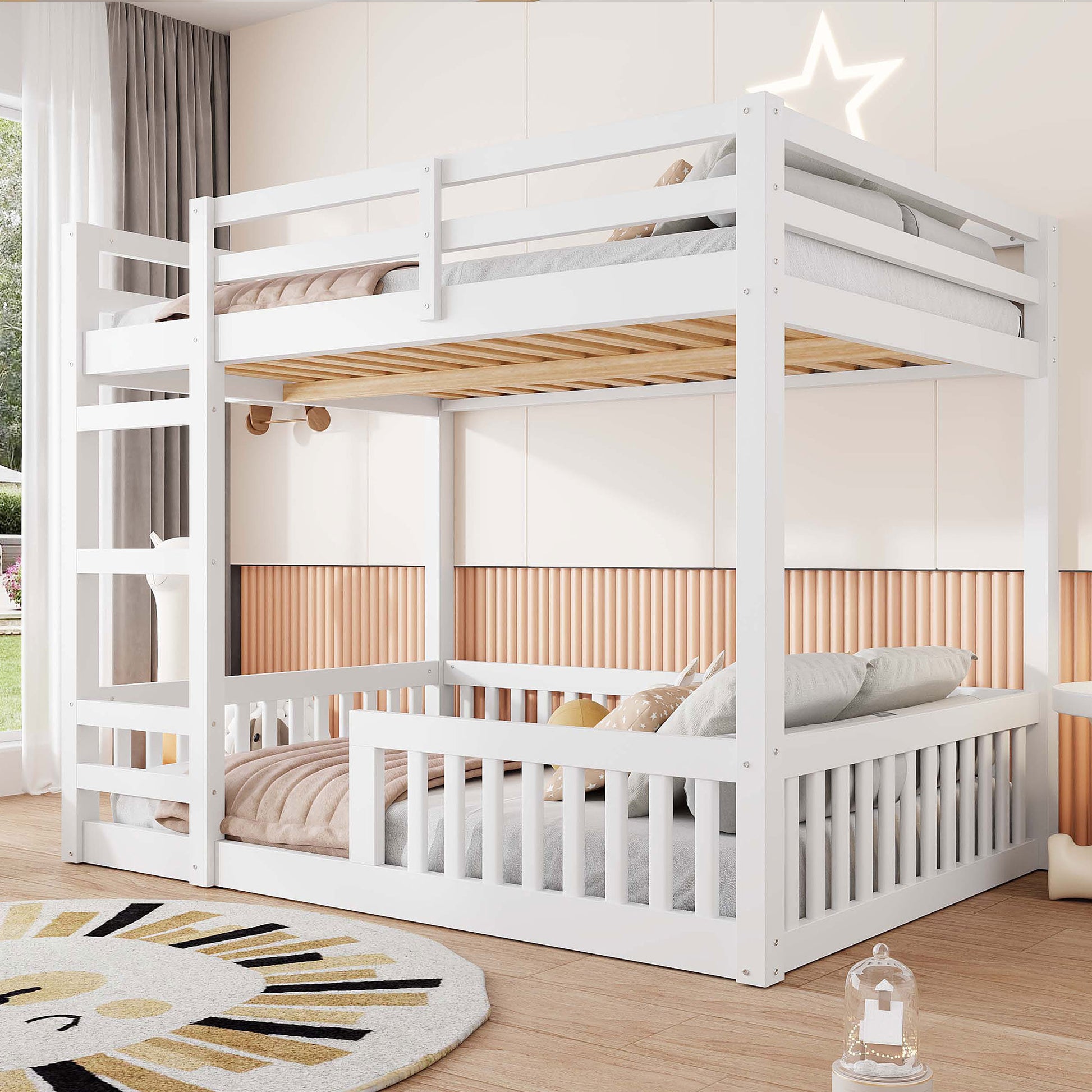 Full over Full Wood Bunk Bed with Ladder and Guardrails, White image 1