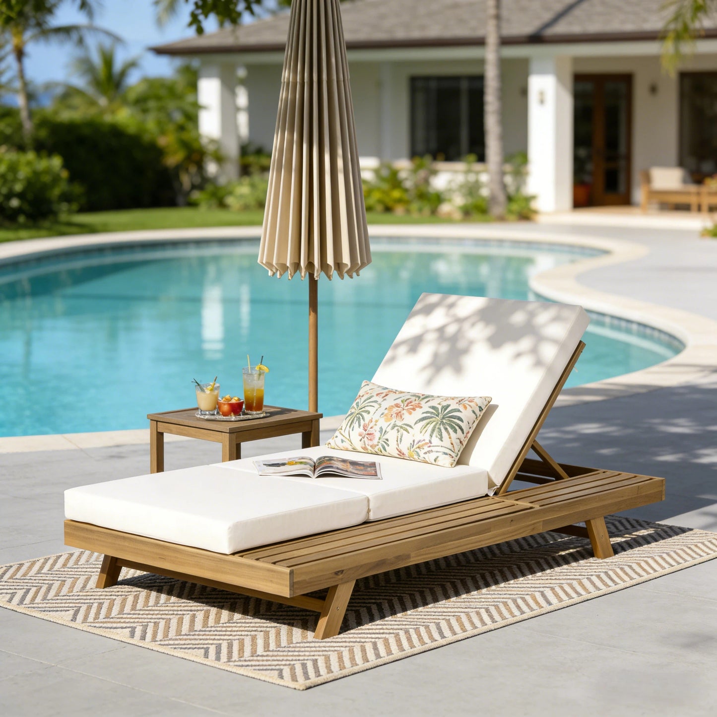 Lounge Chaise Set, Space Available On One Side, Acacia Solid Wood In light brown With Lounge Cushion (Cream & Triple Fold) – Matching Dark Grey Version Available image 1