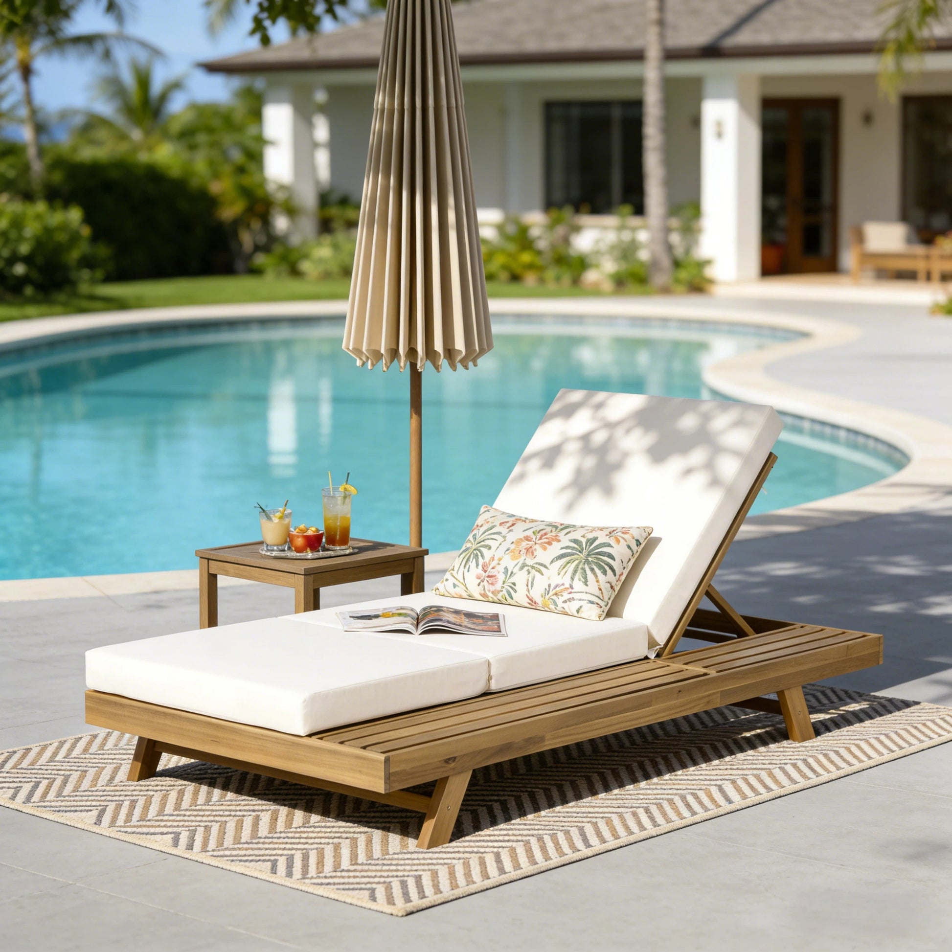 Lounge Chaise Set, Space Available On One Side, Acacia Solid Wood In light brown With Lounge Cushion (Cream & Triple Fold) – Matching Dark Grey Version Available image 1