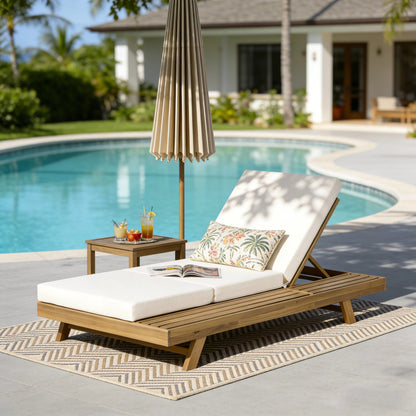 Lounge Chaise Set, Space Available On One Side, Acacia Solid Wood In light brown With Lounge Cushion (Cream & Triple Fold) – Matching Dark Grey Version Available image 1