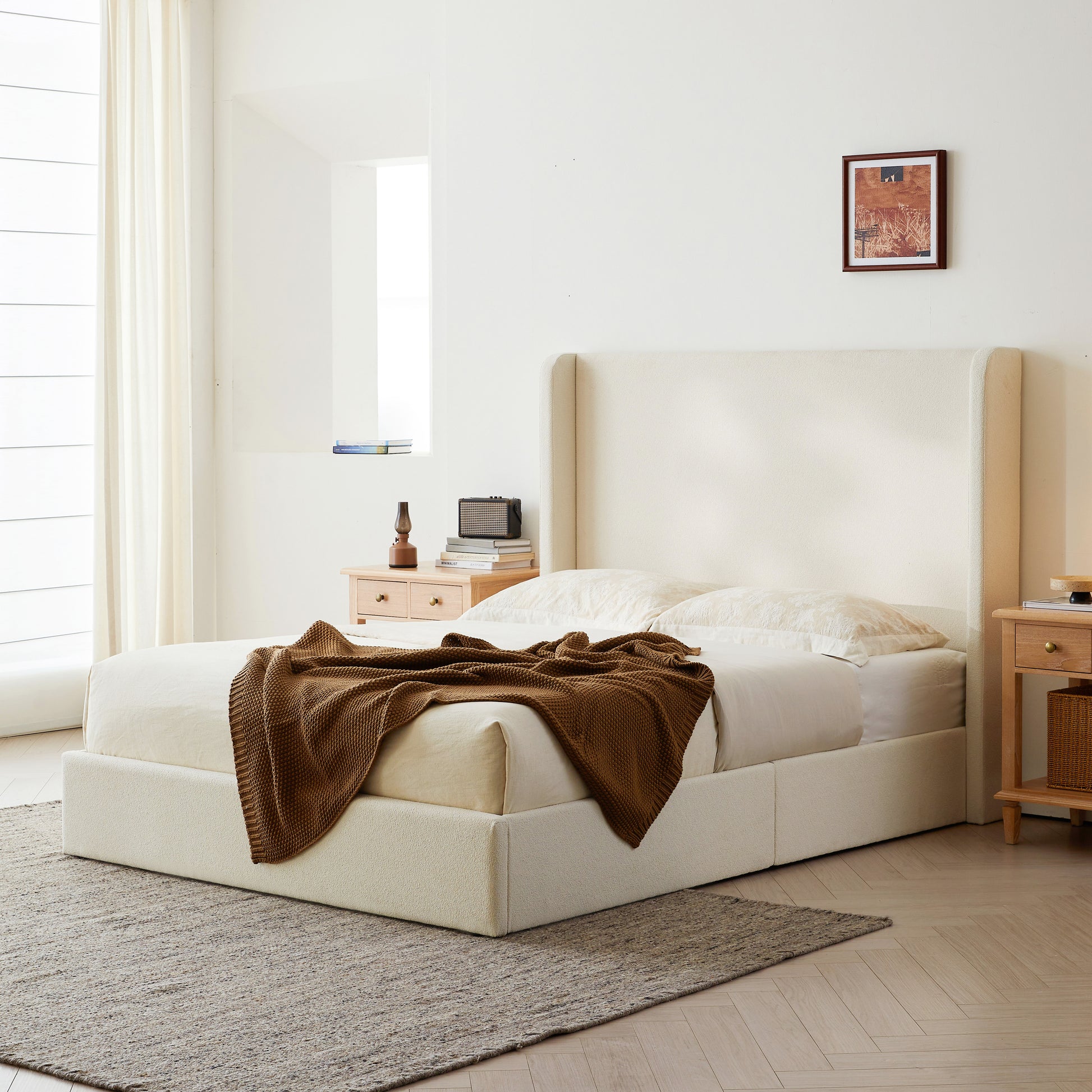 Carmen Upholstered Wingback Bed / Upholstered Platform Bed Frame / 52.3" High Headboard / Simplicity / Minimalist / No Box Spring Needed / Easy Assembly / King/ Ivory Boucle / No Noise image 2