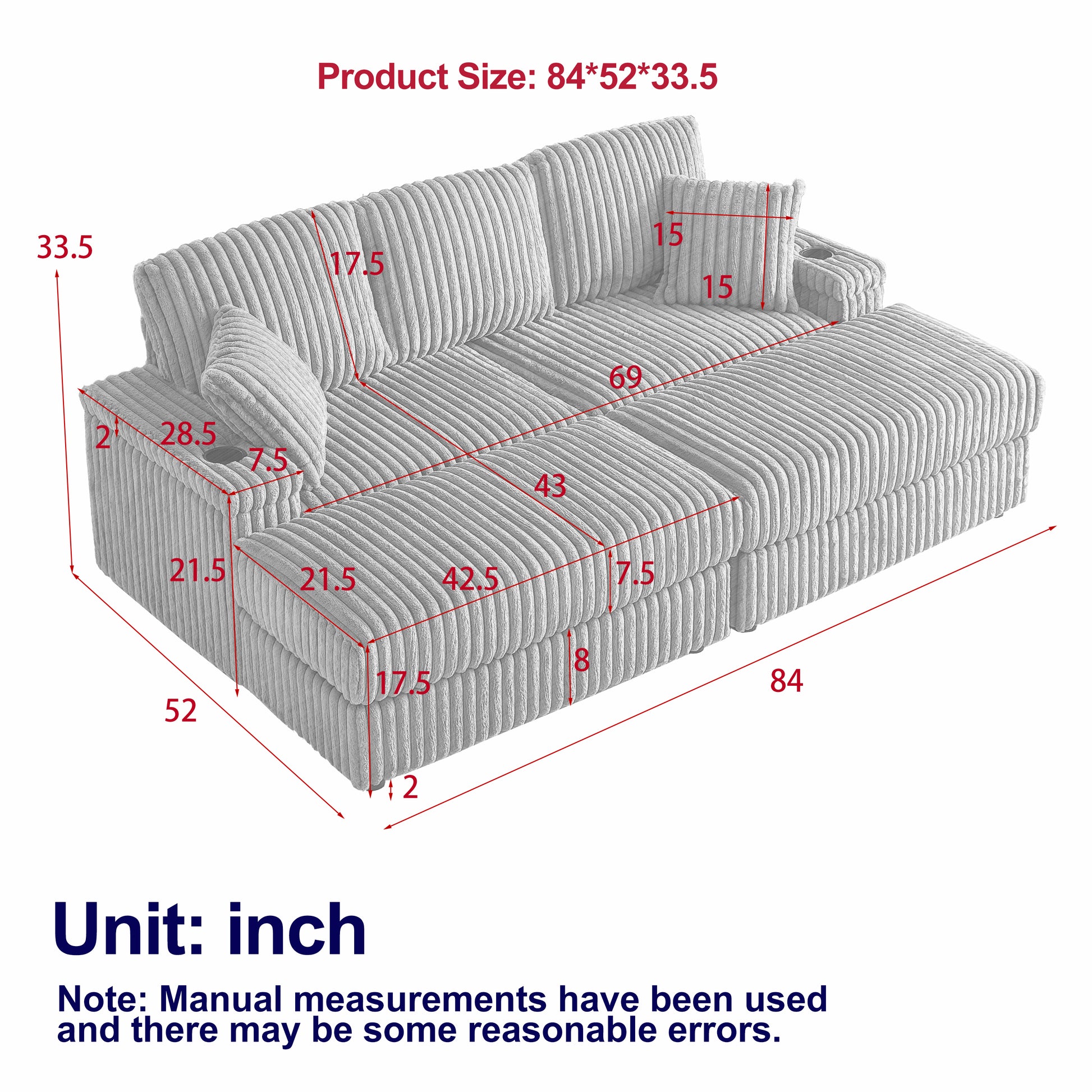84Inch Corduroy 3-seater sofa With 3 back pillows,2 toss pillows, 2 ottoman,2 Footstool Storage and cup-holding grooves Comfy Sofa- Deep Seat Couch for Living Room image 5