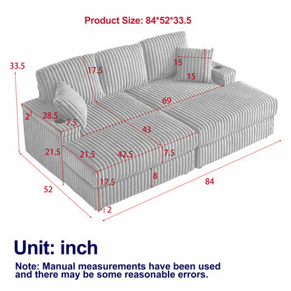 84Inch Corduroy 3-seater sofa With 3 back pillows,2 toss pillows, 2 ottoman,2 Footstool Storage and cup-holding grooves Comfy Sofa- Deep Seat Couch for Living Room image 5