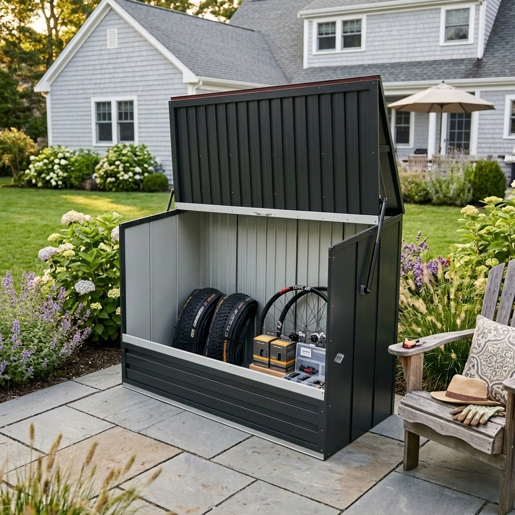 Outdoor Galvanized Steel Storage Shed with Flip Top & Foldable Front Door, Large Capacity Metal Tool Cabinet for Indoor & Backyard Storage 594.39 US Gal 2.25m³ image 3