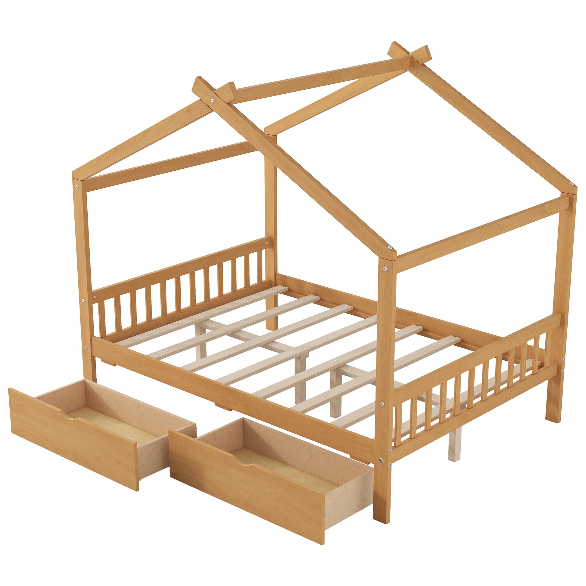 Full Size House Platform Bed with Two Drawers,Headboard and Footboard,Roof Design,Natural image 12