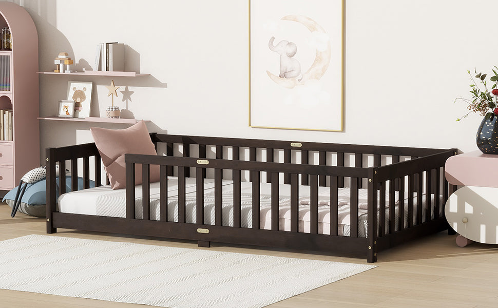 Twin Size Floor Bed with Fence without Door, Rubber Wood Floor Bed with Safety Guardrails,Espresso (Old Sku W504P286398) image 6