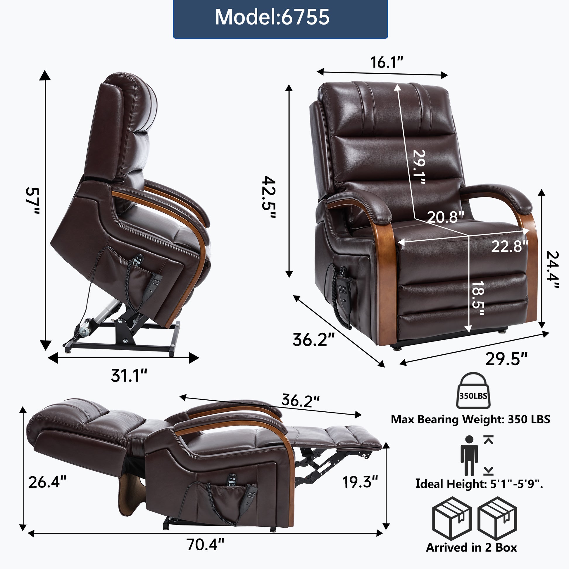 Power Brown Leatheraire Lift Recliner Chair Dual Motor Infinite Position Up to 350 LBS with Solid Wood Armrests, Heat Massage and Heavy Duty Motion Mechanism image 2