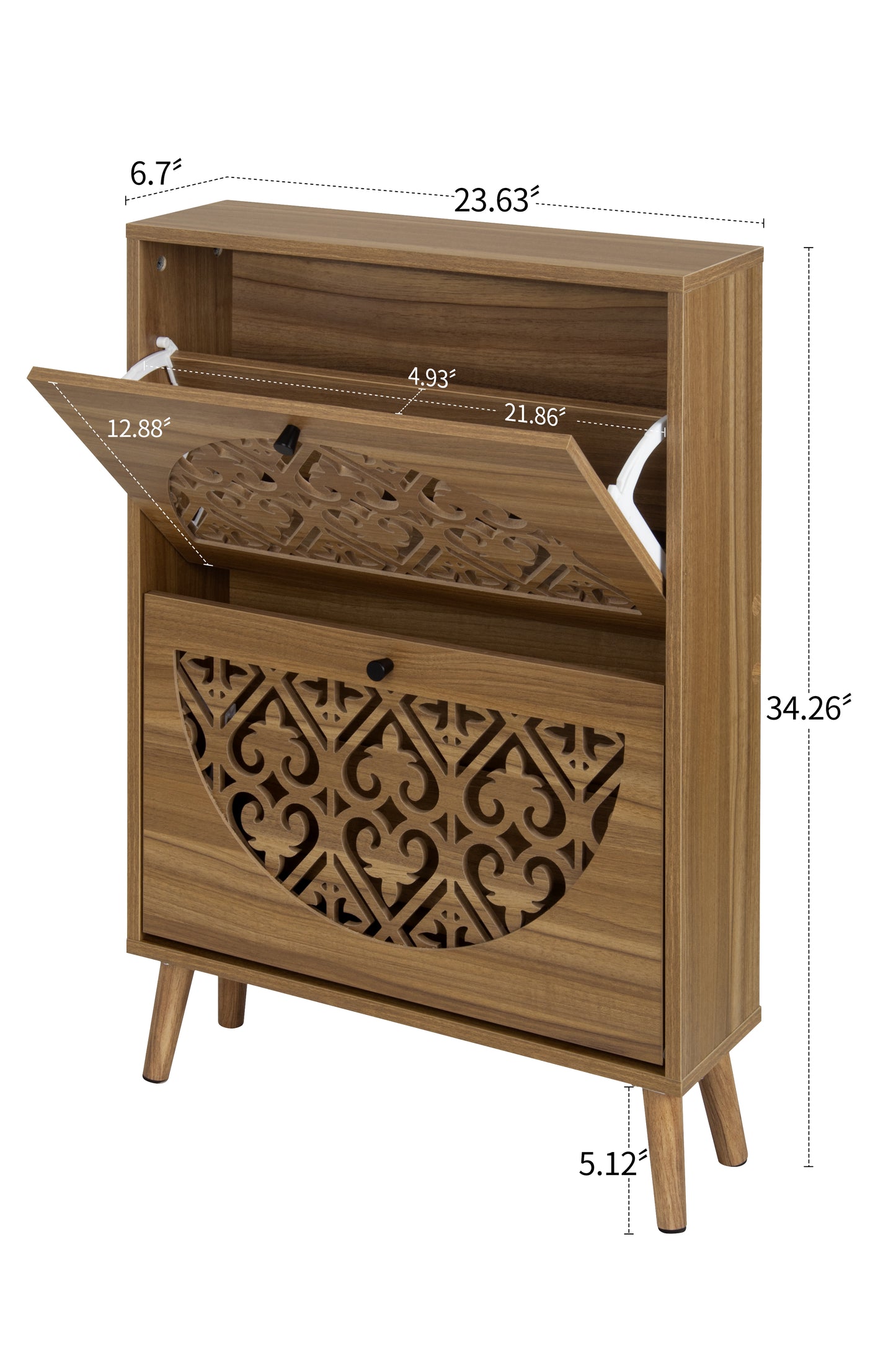 Japandi Narrow Shoe Cabinet with 2 Flip Drawers, Carved Floral Pattern Wooden Shoe Storage Organizer, Freestanding Hidden Shoe Rack for Entryway, Hallway, Living Room, 6.7"x23.63"x34.26",Walnut Brown image 4