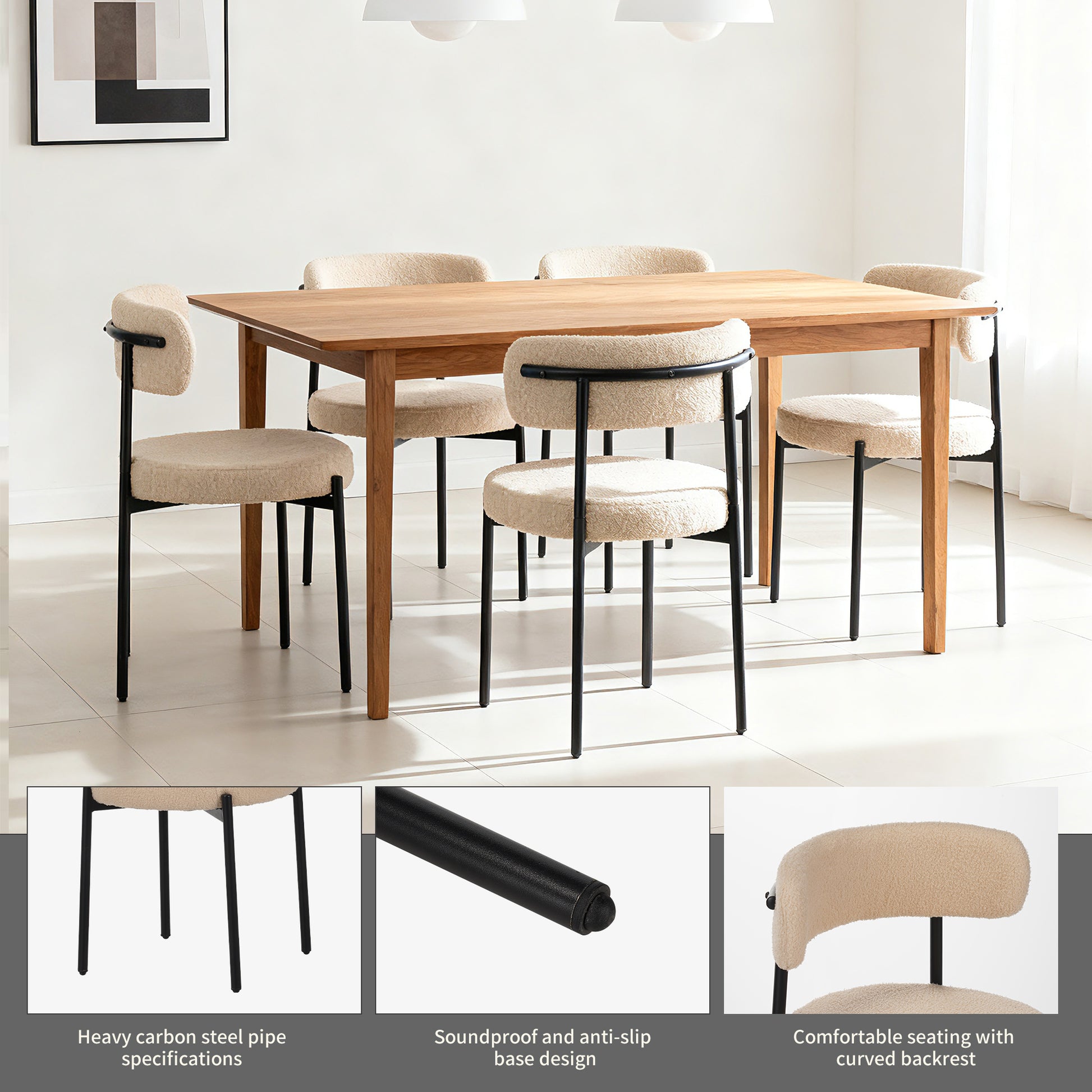 Medieval modern dining chair set, 4 pieces, round seat cushions, black metal legs, curved back kitchen dining chairs, suitable for restaurants and dining rooms, beige image 5