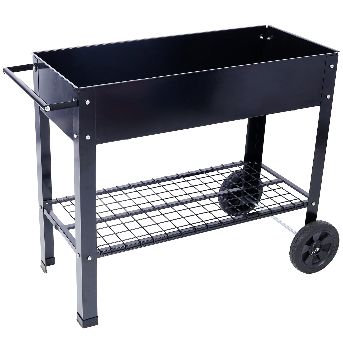 Products Elevated Mobile Raised Ergonomic Metal Planter Garden Bed for Backyard, Patio w/Wheels, Lower Shelf, black image 5
