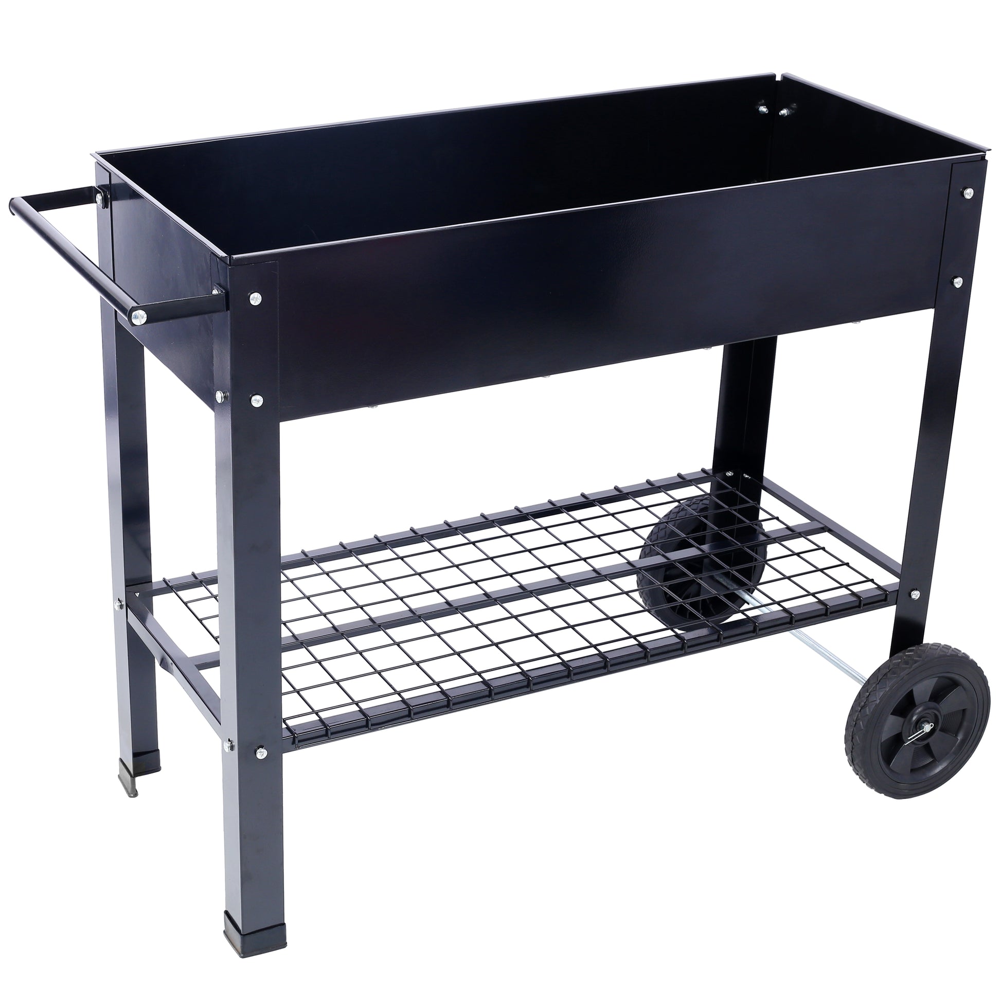 Products Elevated Mobile Raised Ergonomic Metal Planter Garden Bed for Backyard, Patio w/Wheels, Lower Shelf, black image 5