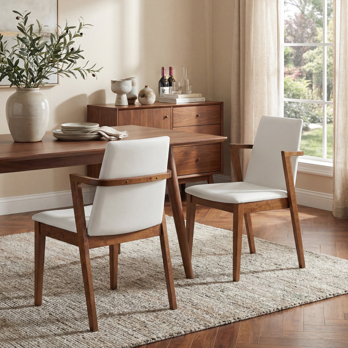 Mid-Century Modern Dining Chairs Set of 2 - Beige PU Upholstered Armchairs with Walnut Color Rubber Wood Frame, 250lbs Capacity for Kitchen & Dining Room image 1