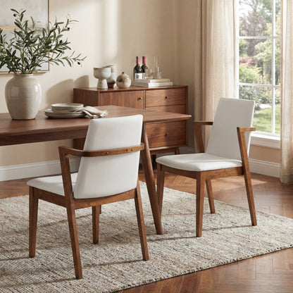 Mid-Century Modern Dining Chairs Set of 2 - Beige PU Upholstered Armchairs with Walnut Color Rubber Wood Frame, 250lbs Capacity for Kitchen & Dining Room image 1
