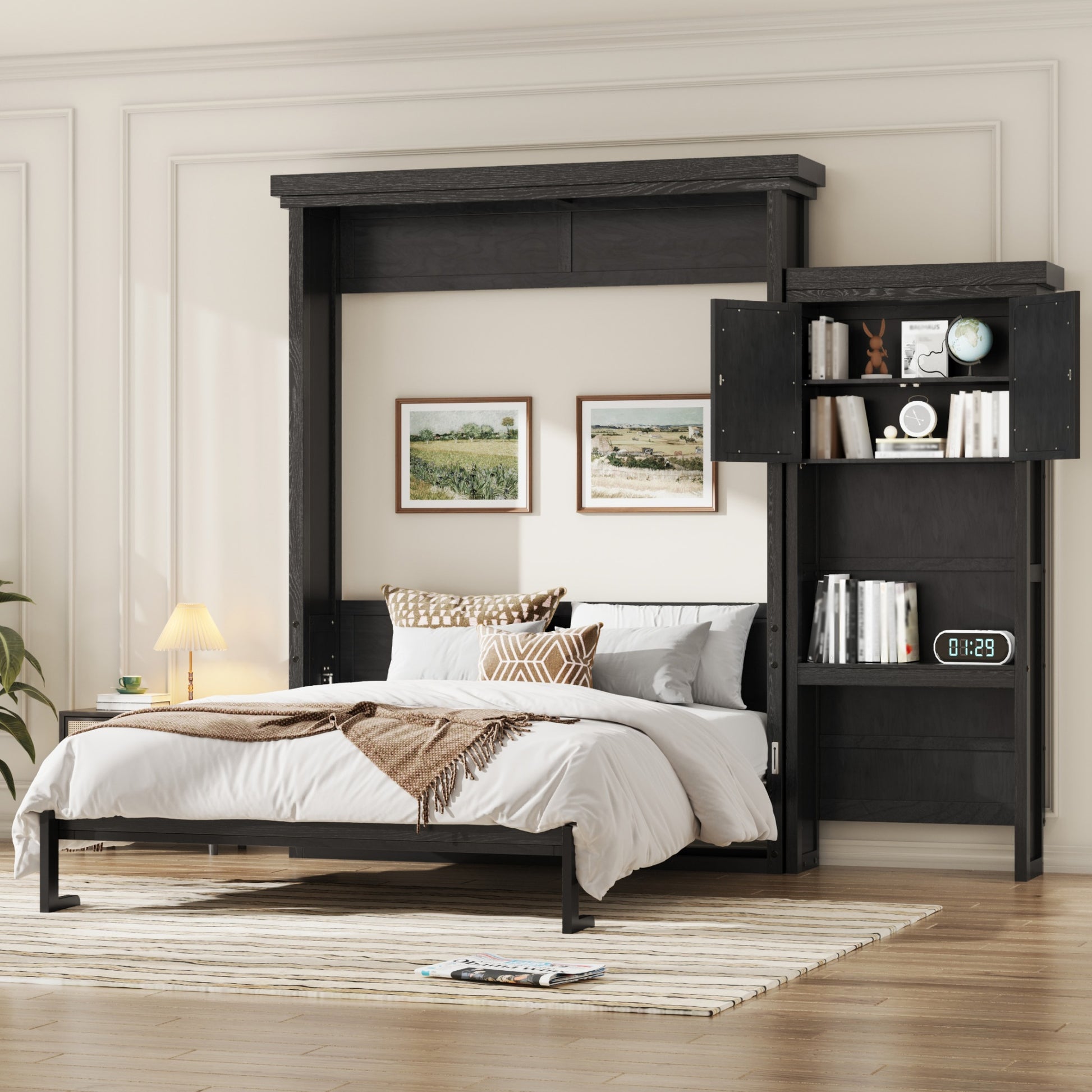 Queen Size Murphy Bed with Multiple Storage Shelves and Louvered Style Decoration,Black image 3