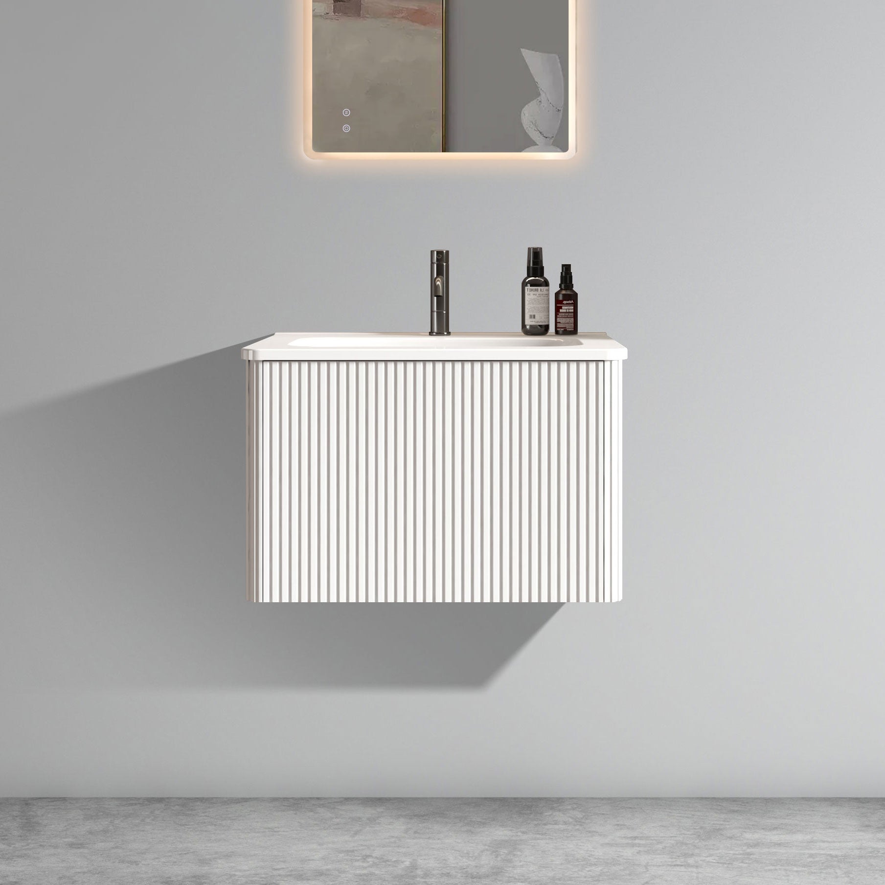 U059-Etna24W-301 Etna 24" Striped Soft White Bathroom Vanity with White Ceramic Sink, Wall Mounted Floating Bathroom Vanity for Modern Bathroom, One-Piece White Sink Basin without Drain, Pre-assembled image 1