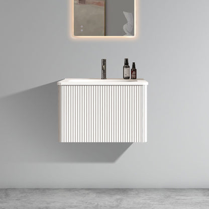 U059-Etna24W-301 Etna 24" Striped Soft White Bathroom Vanity with White Ceramic Sink, Wall Mounted Floating Bathroom Vanity for Modern Bathroom, One-Piece White Sink Basin without Drain, Pre-assembled image 1