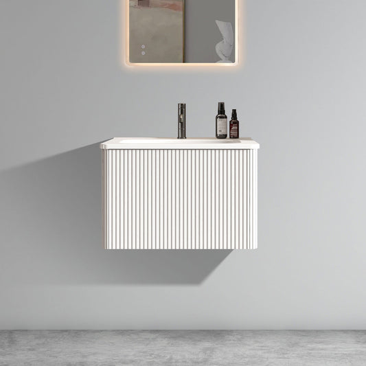 Etna 24 inch striped soft white floating bathroom vanity with ceramic sink front view