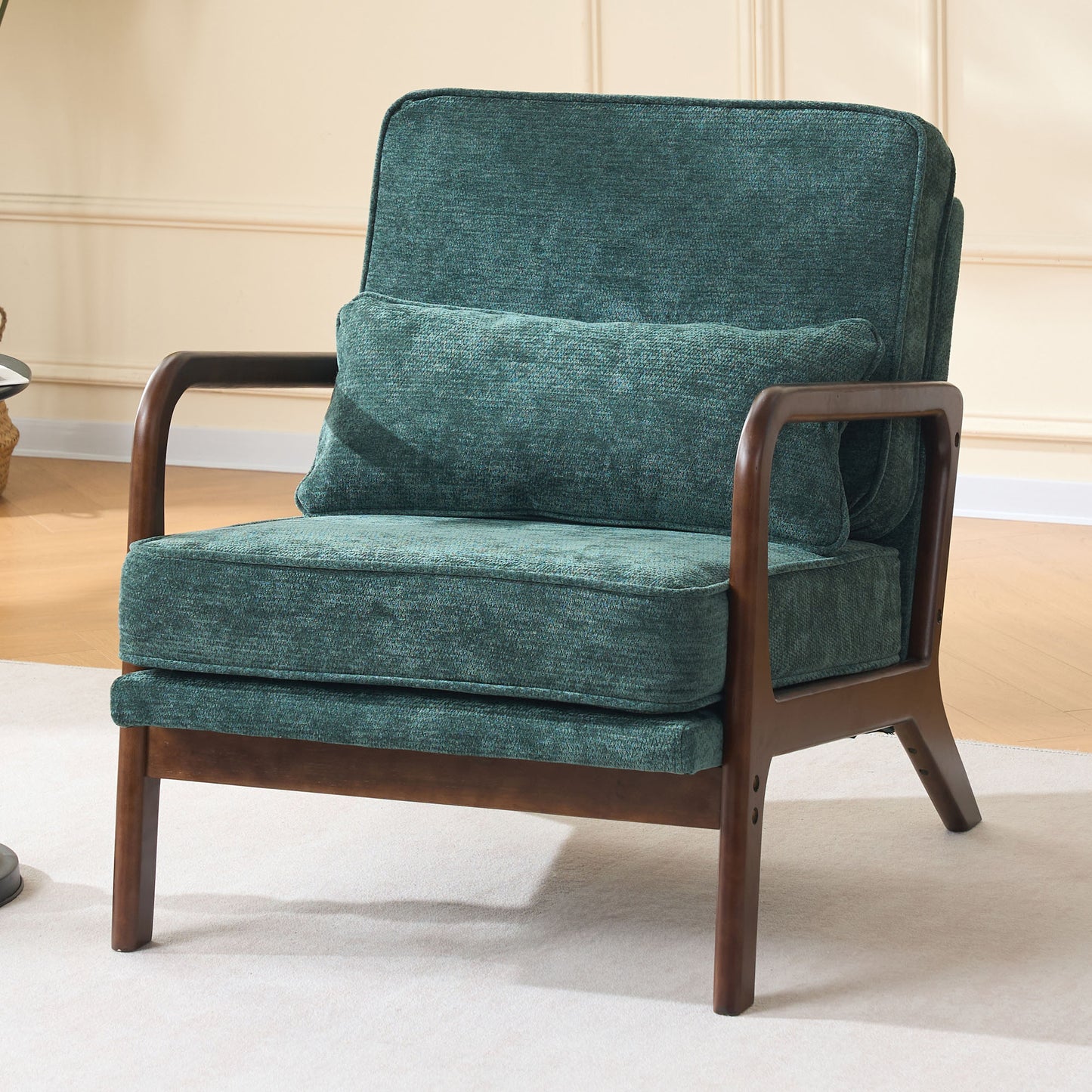 Mid-Century Modern Lounge Chair Single, Upholstered Living Room Chair with Curved Wood Armrests and Lumbar Cushion,Accent Chair for Living Room, Bedroom, Indoor, Dark Green image 2