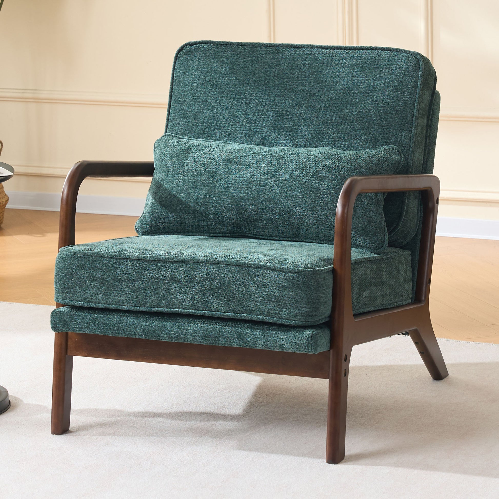 Mid-Century Modern Lounge Chair Single, Upholstered Living Room Chair with Curved Wood Armrests and Lumbar Cushion,Accent Chair for Living Room, Bedroom, Indoor, Dark Green image 2