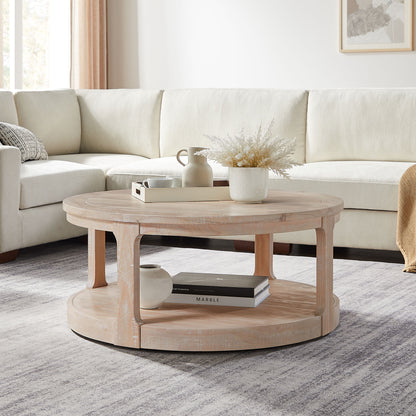 40inch Large Curved 2 Tier Traditional Round Circle Wooden Center Coffee Table,Rounded Table with Wheels,Mid Century Rustic Style Table for living Room,Office,Apartment,OAK image 6