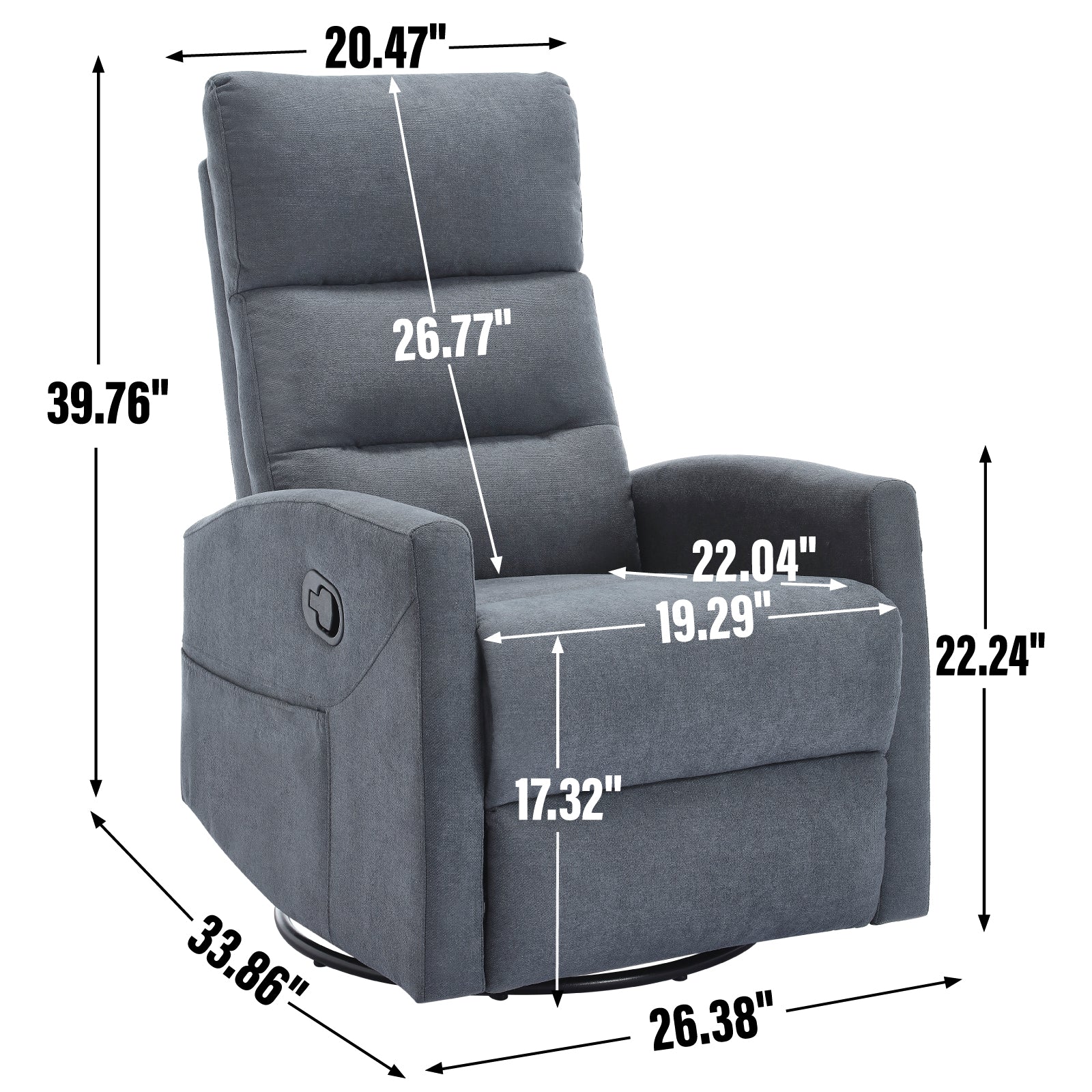 Manual Recliner Chair with Rocker and Swivel in Fabric for Living Room, Grey image 11