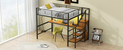 Full Size Metal Loft Bed with Desk, Storage Staircase, Small Wardrobe and LED Light,Black image 12