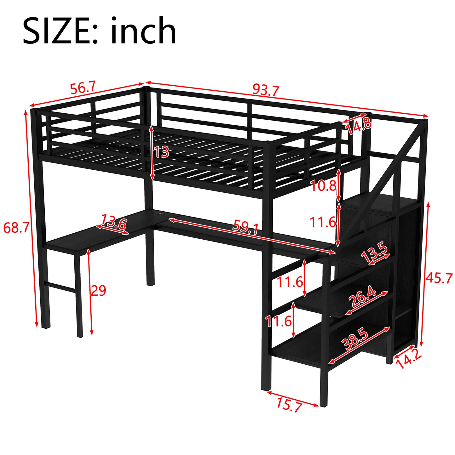 Full Size Loft Bed with L-shaped Desk and USB, Metal Loft Bed with Wardrobe and Adjustable Shelf, High Loft Bed with LED for Kids Teens Adults, Black image 5